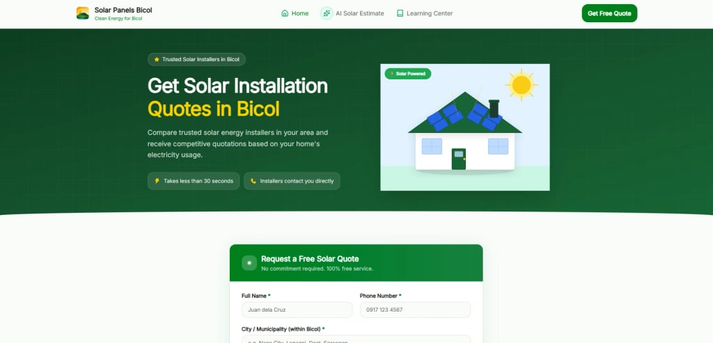 Solar Panels Bicol AI solar estimate interface